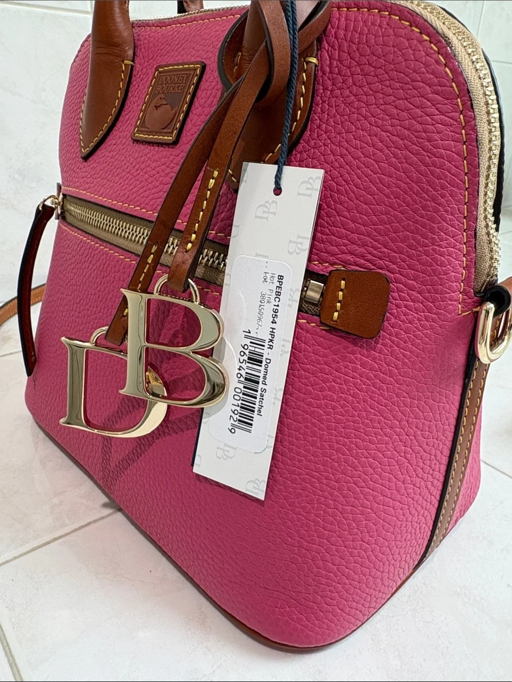 Dooney & Bourke Hot Pink Pebbled Grain Leather Domed Satchel with Brown Trimk